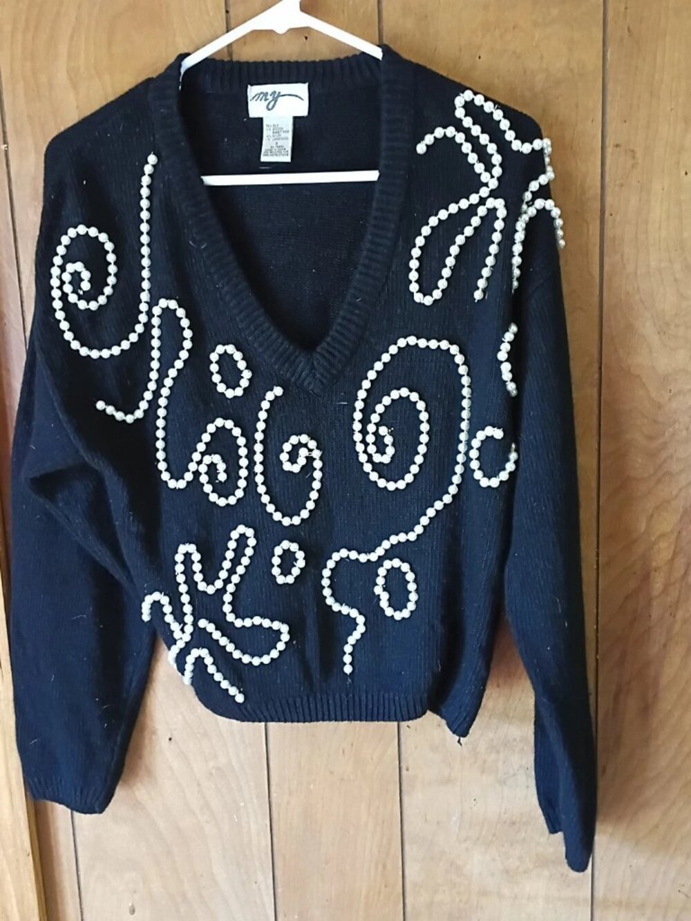 MY Black Sweater Medium Pearl Beaded V-Neck Angora Silk Blend Embellished